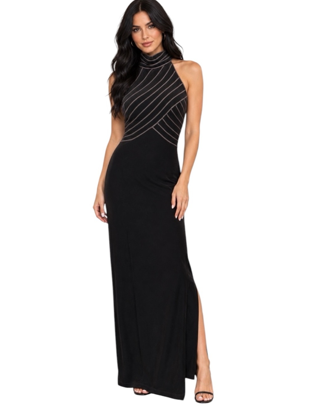Hugo Buscati Brown Velvet Halter Maxi Dress Contrast Piping Y2K goth